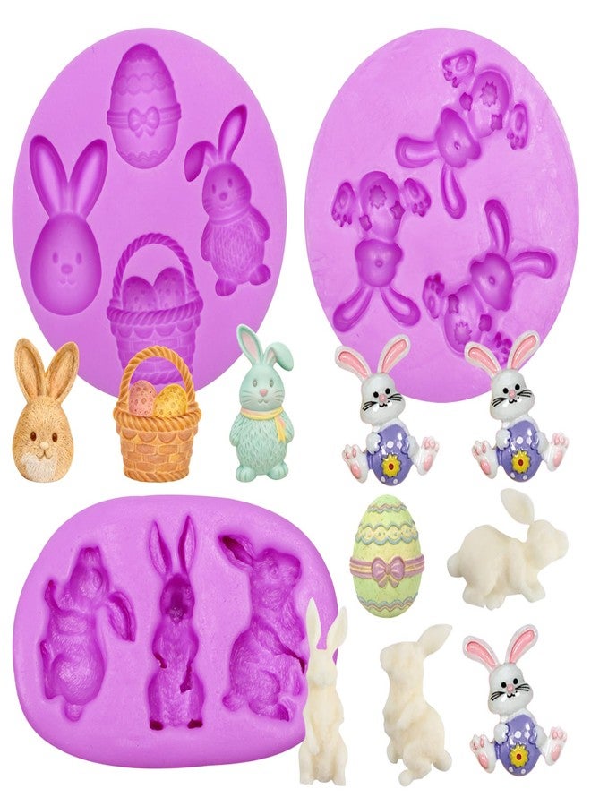 acvcatto Easter Bunny Silicone Molds, 3 Piece Set, Purple, Rabbit Egg Basket Fondant Molds, for Cupcake Cookie Baking Cake Decorating Easter Holiday Spring Party DIY Candy - Image 1