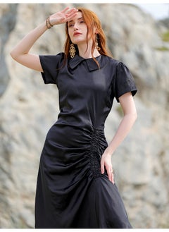 Freehand Women Casual Straight Solid Ruched Round Neck Long Length Asymmetric Dress 