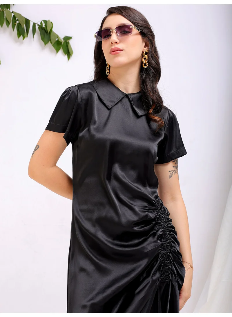 Freehand Women Casual Straight Solid Ruched Round Neck Long Length Asymmetric Dress