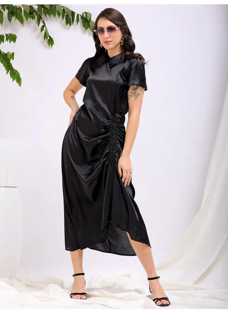 Freehand Women Casual Straight Solid Ruched Round Neck Long Length Asymmetric Dress