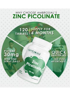 ambrosial Zinc Picolinate 30mg for Immune Support (Pack of 1-120 Tablets)  - Image 3