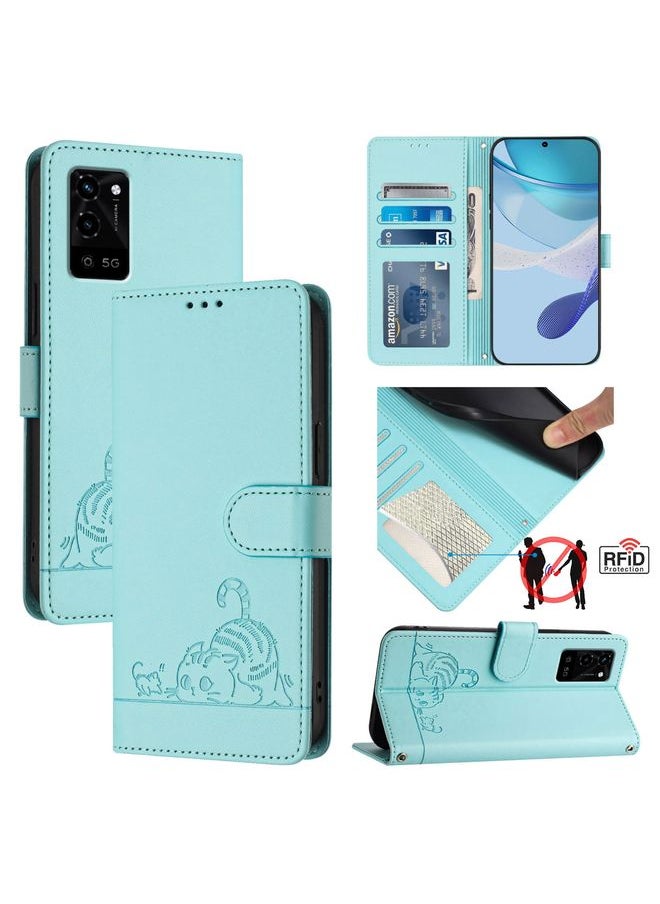 HuHa Case Cover For OPPO A53S 5G / A56 5G Cat Rat Embossed Pattern RFID Leather Phone Case with Lanyard Mint Green 