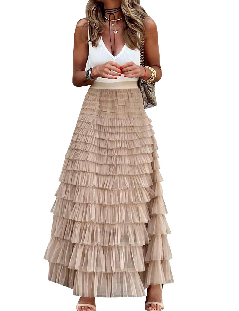 Gratoryna Womens Long Maxi Tulle Skirt A Line Ruffle Mesh High Waisted Tiered Layered Skirts Petticoat(Khaki-Large) - Image 1