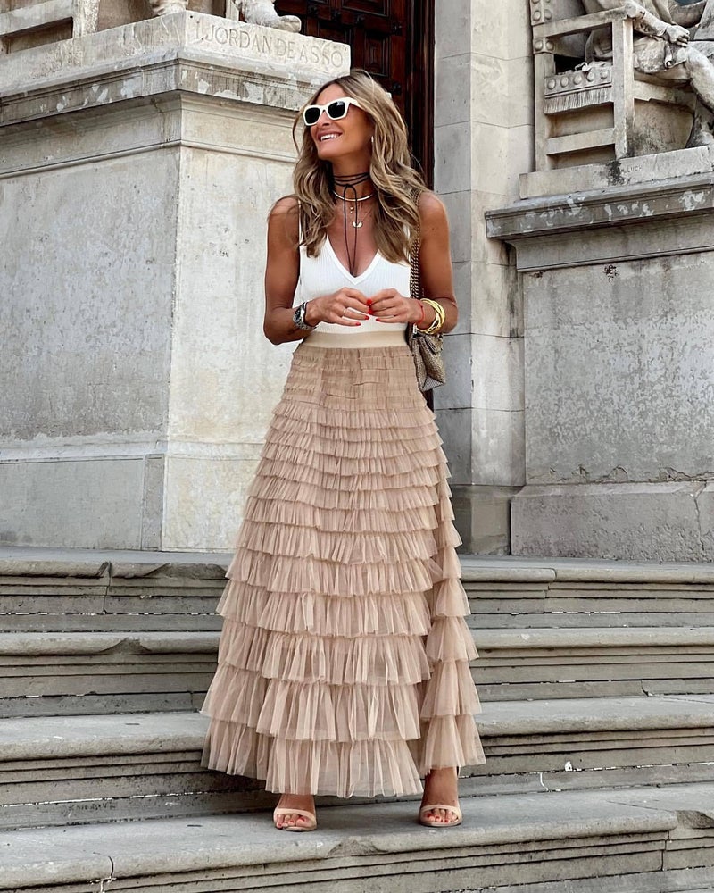 Gratoryna Womens Long Maxi Tulle Skirt A Line Ruffle Mesh High Waisted Tiered Layered Skirts Petticoat(Khaki-Large) - Image 2