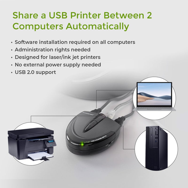 IOGEAR 2 Port USB 2.0 Switch - Auto Printer Switch - Manually or Auto Control - LEDs Indicate - Plug n Play - GUB231 - Image 4