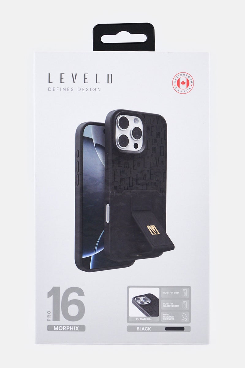 LEVELO iPhone 16 Pro Morphix Protective Case With Grip Stand And Cardholder, Black - Image 2