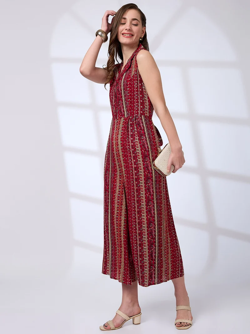 جلو باص Women Lapel Collar Floral Printed Waist Tie-Ups Fusion Jumpsuit