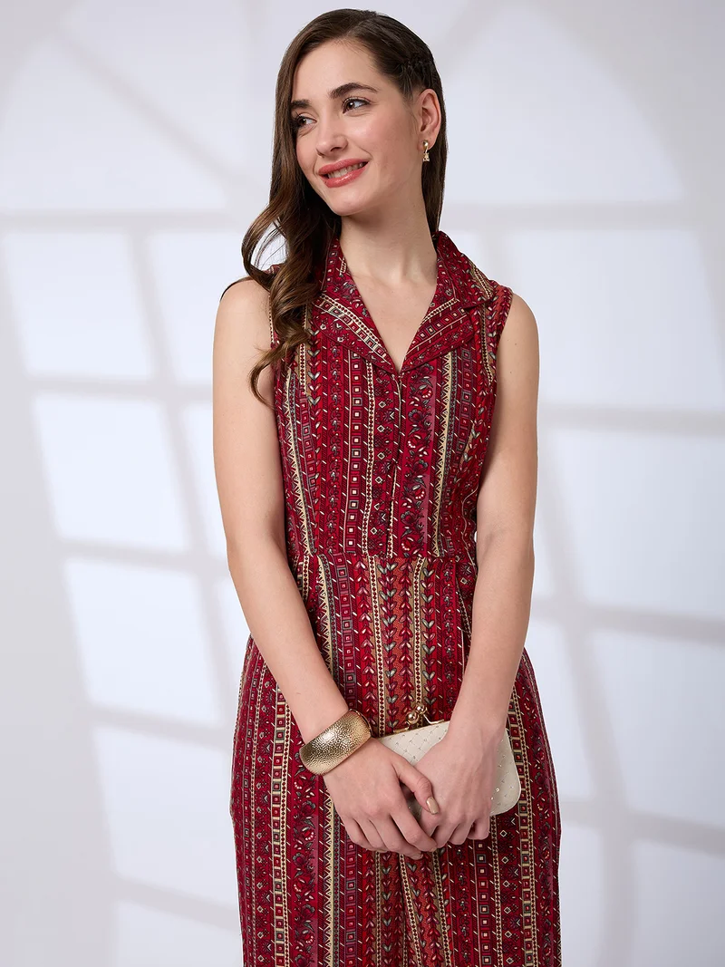 جلو باص Women Lapel Collar Floral Printed Waist Tie-Ups Fusion Jumpsuit