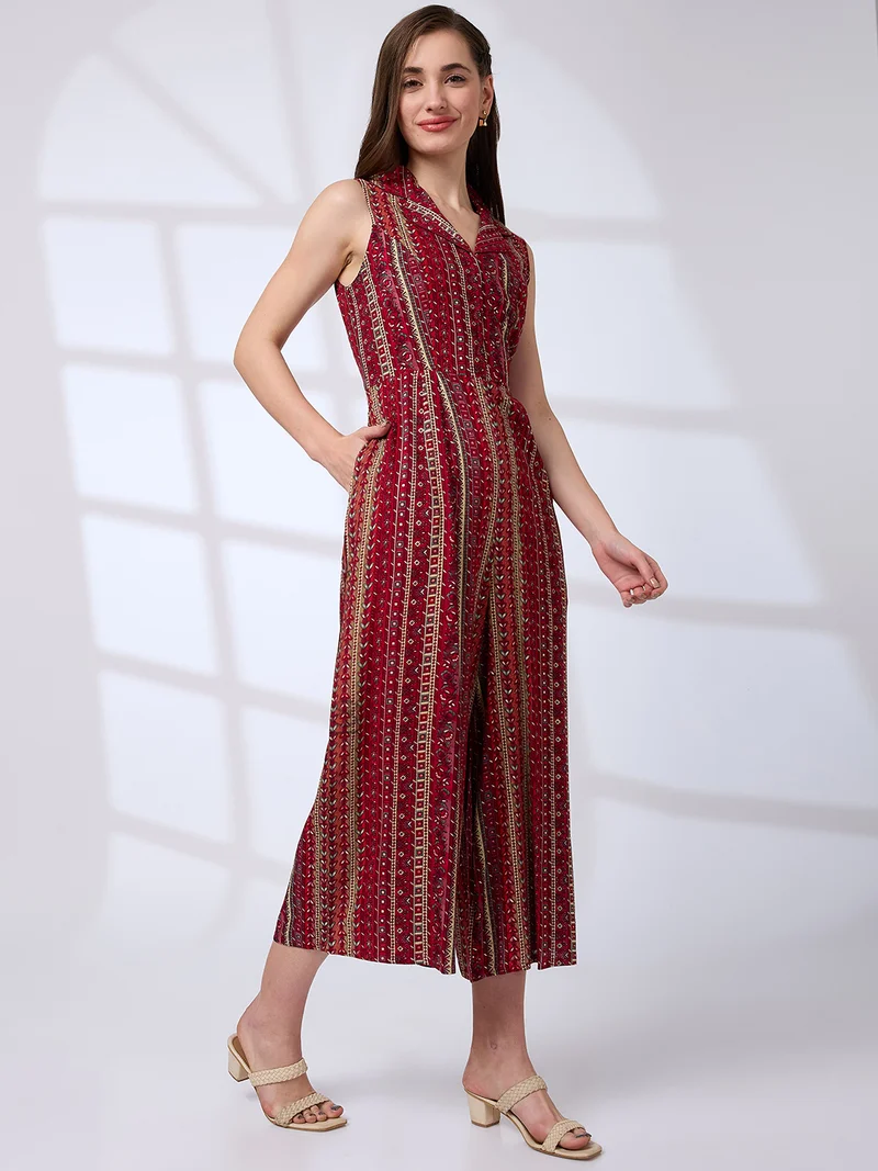 جلو باص Women Lapel Collar Floral Printed Waist Tie-Ups Fusion Jumpsuit