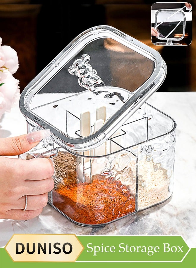 DUNISO 4 Compartment Seasoning Box, Household Transparent Plastic Spice Container, Kitchen Seasoning Bottle, Equipped With Four Spoons，Lids And Handle, Dustproof And Moisture Proof, Easy To Clean, Suitable For Home And Kitchen, 156 * 135 * 95mm - Image 1