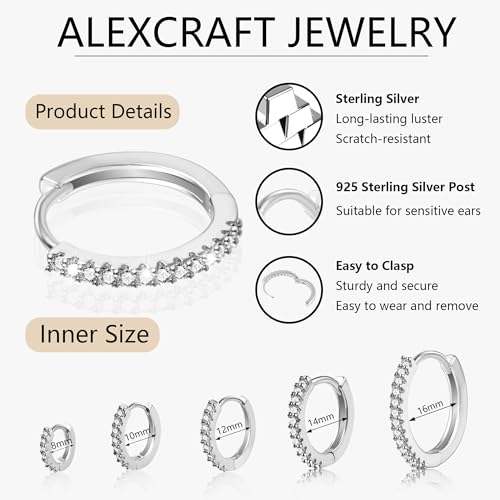 ALEXCRAFT Small 925 Sterling Silver Hoop Earrings for Women- Huggie Cartilage Earring Set Cute Mini Thin Tragus Hoops Multiple Piercings Aretes Earrings Women Trendy 5 Pairs(8/10/12/14/16) mm - Image 5