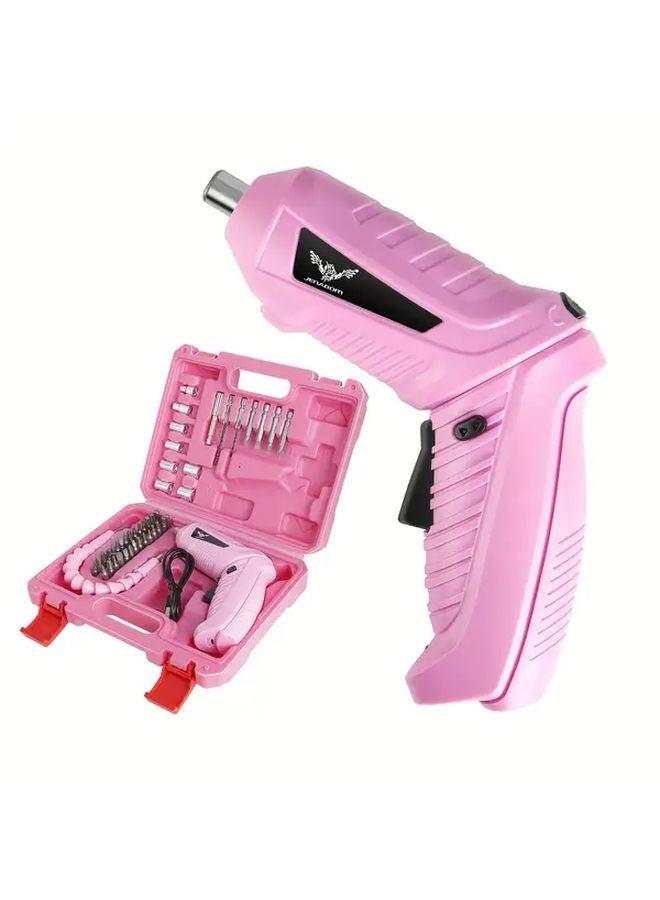 47 Pcs Pink Cordless Electric Screwdriver Set USB Rechargeable Metal Body Drill Bits - Image 1