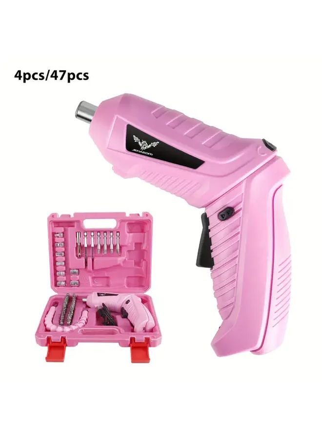 47 Pcs Pink Cordless Electric Screwdriver Set USB Rechargeable Metal Body Drill Bits - Image 2