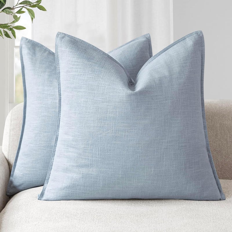 Foindtower Pack of 2, Decorative Linen Soild Throw Pillow Covers Soft Accent Euro Cushion Case Boho Farmhouse Pillowcase for Chair Couch Sofa Bedroom Living Room Home Decor 18 x 18 Inch Sky Blue - Image 1