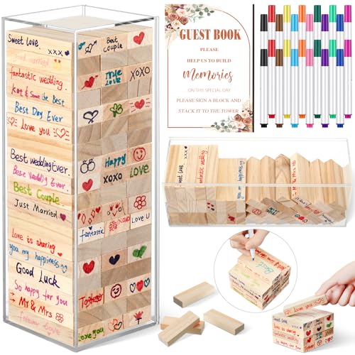 Beeveer 80 Pcs Wedding Guest Book Alternative Wooden Block Guest Book for Wedding Sign in Bridal Shower Decoration 54 Pcs Wooden Block Bridal Shower Game for Sign in ReceptionRustic - Image 1