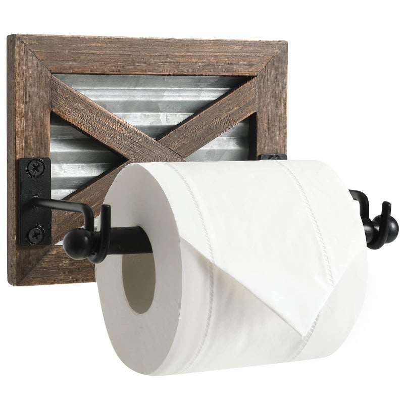 KULEDM Farmhouse Toilet Paper Holder with Galvanized Metal& Black Metal - Rustic Warm Brown Wood Wall Mount Toilet Roll Holder for Bathroom Decor - Image 1
