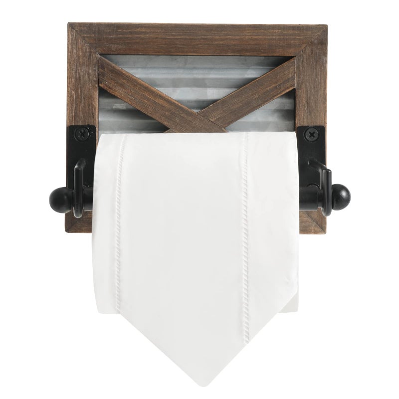 KULEDM Farmhouse Toilet Paper Holder with Galvanized Metal& Black Metal - Rustic Warm Brown Wood Wall Mount Toilet Roll Holder for Bathroom Decor - Image 5