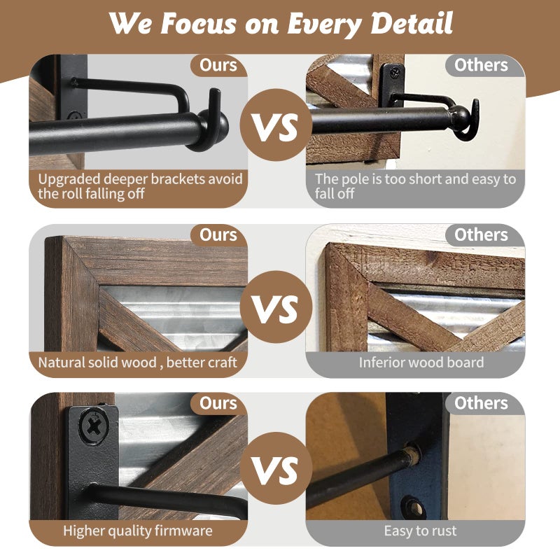 KULEDM Farmhouse Toilet Paper Holder with Galvanized Metal& Black Metal - Rustic Warm Brown Wood Wall Mount Toilet Roll Holder for Bathroom Decor - Image 4