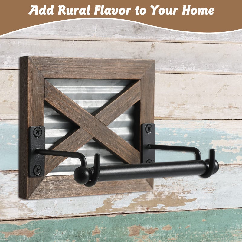 KULEDM Farmhouse Toilet Paper Holder with Galvanized Metal& Black Metal - Rustic Warm Brown Wood Wall Mount Toilet Roll Holder for Bathroom Decor - Image 3
