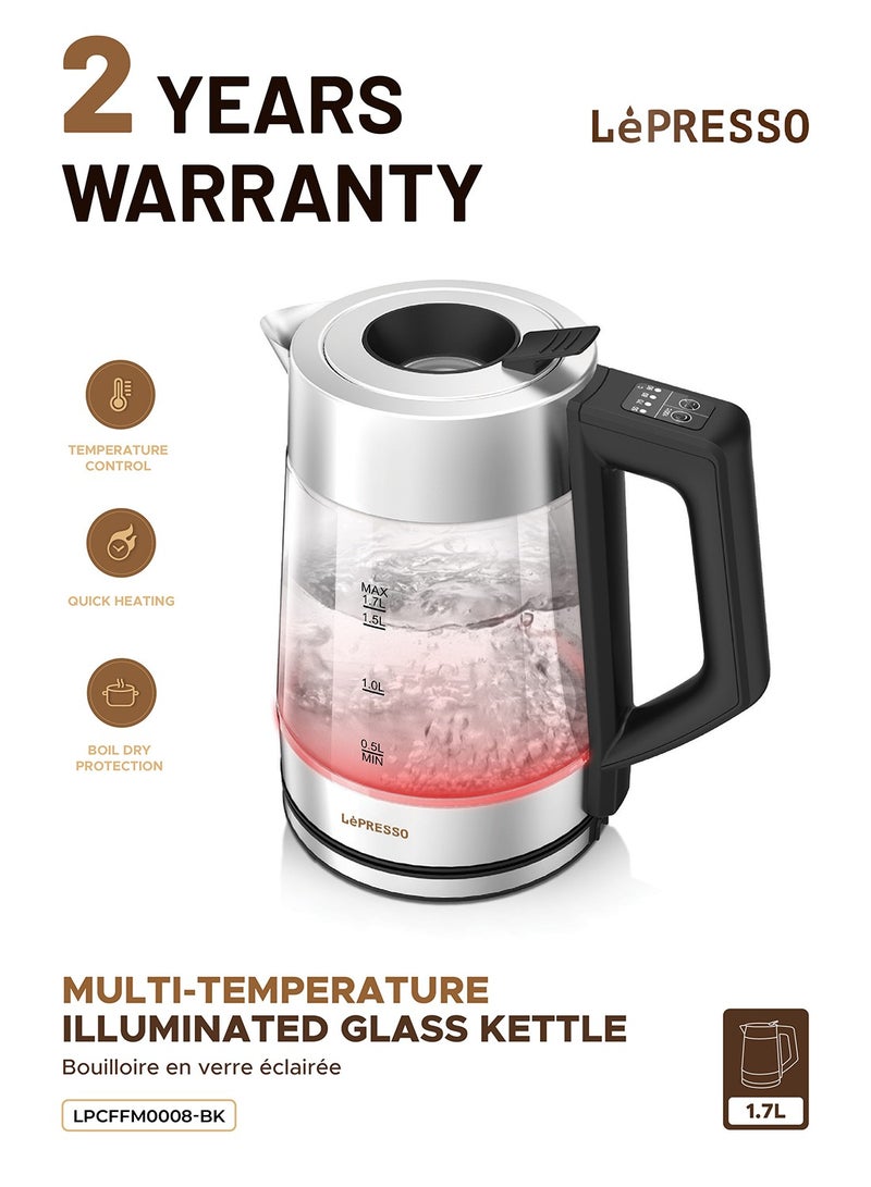 ليبرسو غلاية زجاجية مضيئة متعددة درجات الحرارة، سعة 1.7 لتر، قوة 2200 واط / قابس طاقة - قابس ثلاثي السنون في المملكة المتحدة / تسخين سريع / حماية من الغليان الجاف / خيار الحفاظ على الدفء / التحكم في درجة الحرارة / لوحة تحكم بديهية - أسود - Image 1