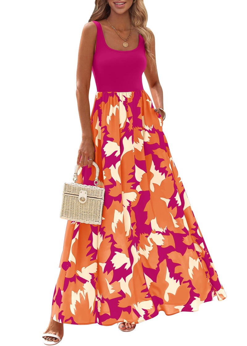 KIRUNDO Women Summer Sleeveless Boho Floral Maxi Dress 2026 Scoop Neck Tank A Line Flowy Beach Vacation Resort Wear Sundress(Rose Red Orange Floral, Large) - Image 1