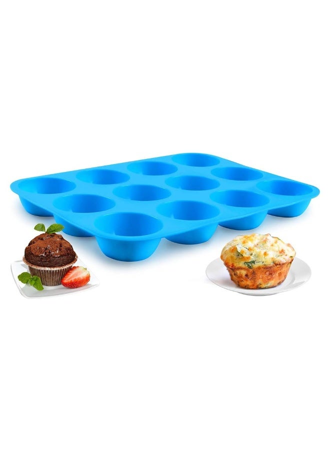 جيه زد اس صينية مافن سيليكون من JZS، 12 كوبًا من قوالب الكب كيك السيليكونية العادية، سيليكون غير لاصق رائع لصنع كعكات المافن والتارت والخبز - خالية من مادة BPA وآمنة للاستخدام في غسالة الأطباق (أزرق) - Image 1