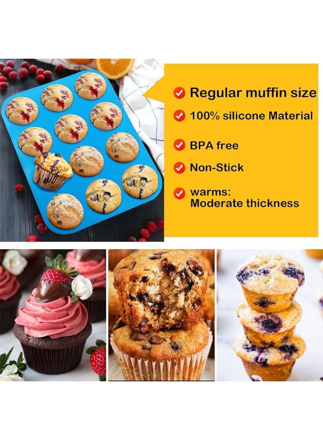 جيه زد اس صينية مافن سيليكون من JZS، 12 كوبًا من قوالب الكب كيك السيليكونية العادية، سيليكون غير لاصق رائع لصنع كعكات المافن والتارت والخبز - خالية من مادة BPA وآمنة للاستخدام في غسالة الأطباق (أزرق) - Image 4