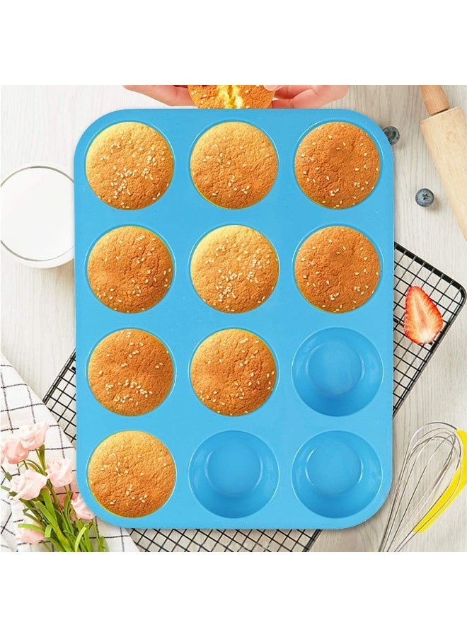 جيه زد اس صينية مافن سيليكون من JZS، 12 كوبًا من قوالب الكب كيك السيليكونية العادية، سيليكون غير لاصق رائع لصنع كعكات المافن والتارت والخبز - خالية من مادة BPA وآمنة للاستخدام في غسالة الأطباق (أزرق) - Image 5