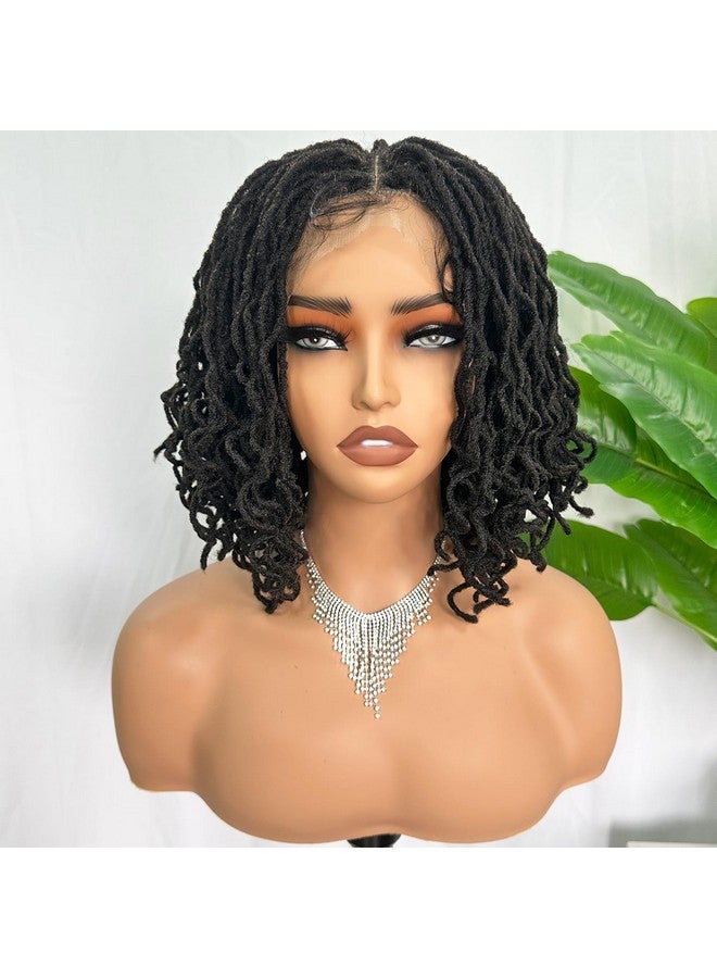 SOKU Short Curly Faux Locs Lace Frontal Wig 12 Inch Natural Black 4X4 Large Parting Space Twist Dreadlock Wigs For Balck Women Afro Curly Braided Synthetic Wig - Image 1