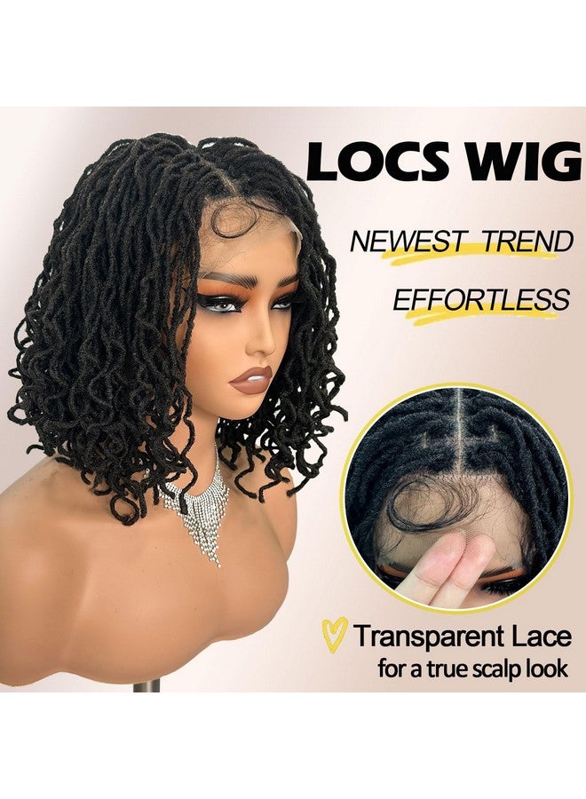 SOKU Short Curly Faux Locs Lace Frontal Wig 12 Inch Natural Black 4X4 Large Parting Space Twist Dreadlock Wigs For Balck Women Afro Curly Braided Synthetic Wig - Image 2