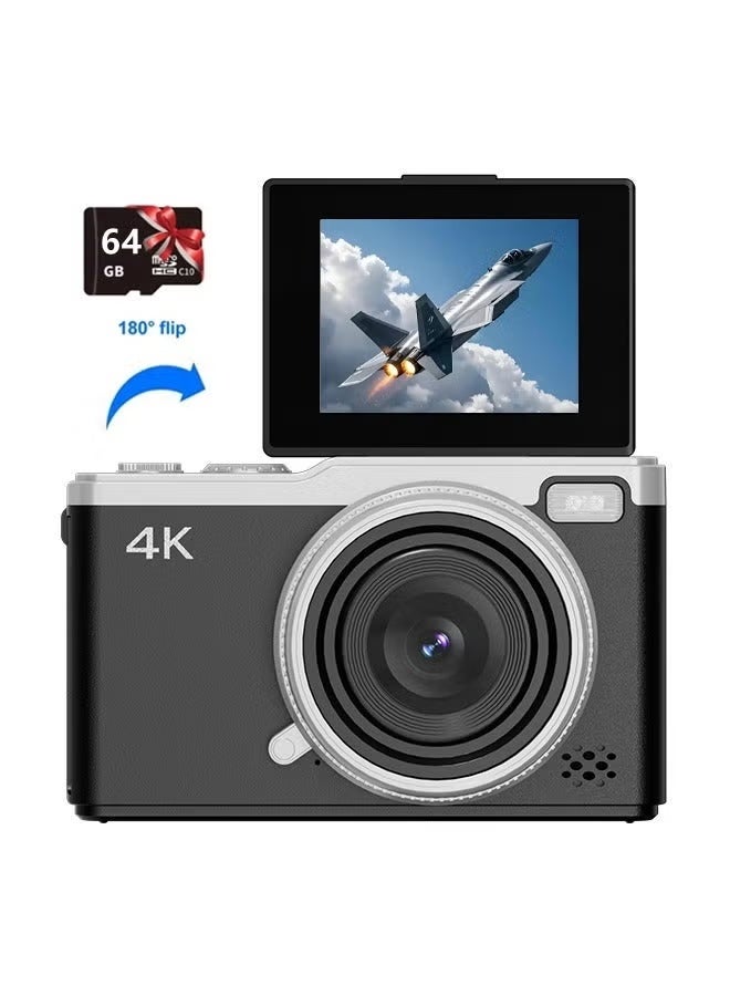 ZONBON 4K Digital Camera, 64MP Vlogging Cameras, 16X Autofocus Point and Shoot Digital Camera with 2.4in 180°Flip Screen, Compact Vlog Travel Camara with 64G TF Card for Photography, Black - Image 1