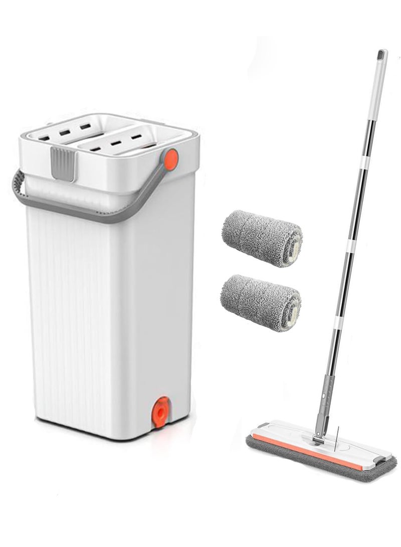 Flat Mop and Bucket with Wringer Set, Hands Free washing Flat Floor Mop and Bucket, with 2 Washable Microfiber Pads and 1Mop Clip, Wet and Dry Use, Floor Cleaning System