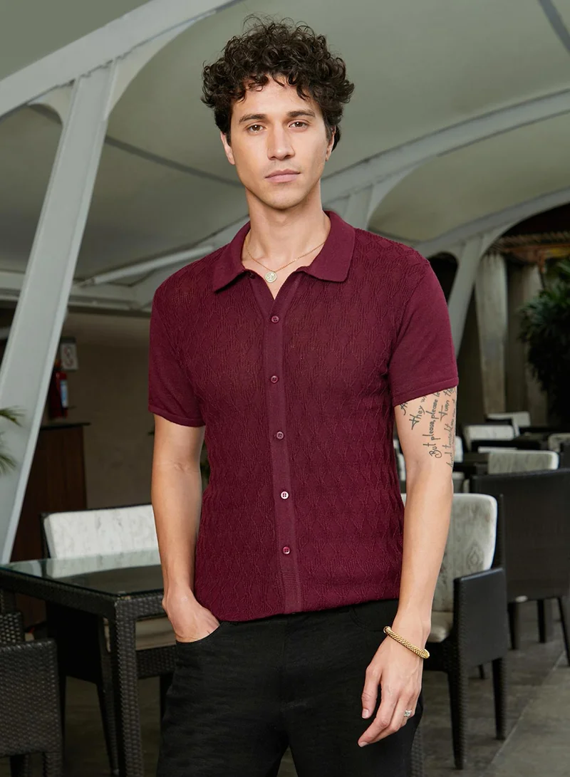 Campus Sutra Men's Burgundy Red Argyle-Knit Slim-Fit Shirt