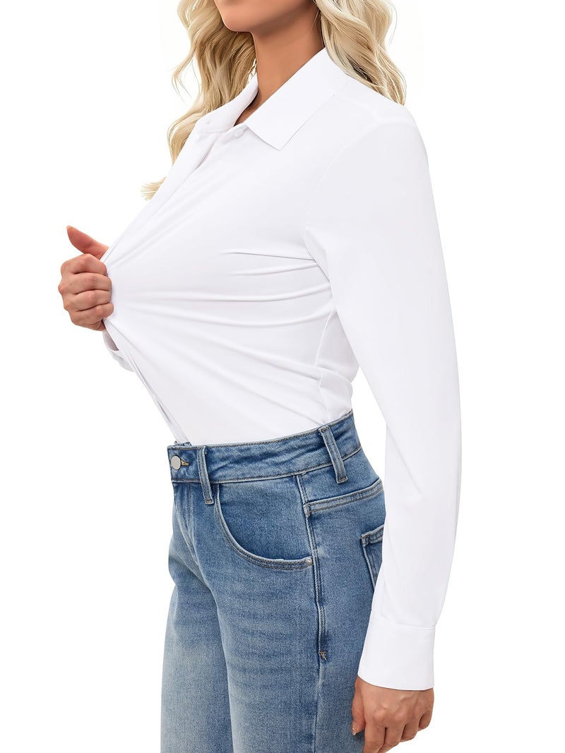 Aoudery Button Down Shirts for Women Slim Fit Long Sleeve Stretch Dress Shirts Work Shirt Wrinkle Free Office Blouse Top - A White L - Image 2