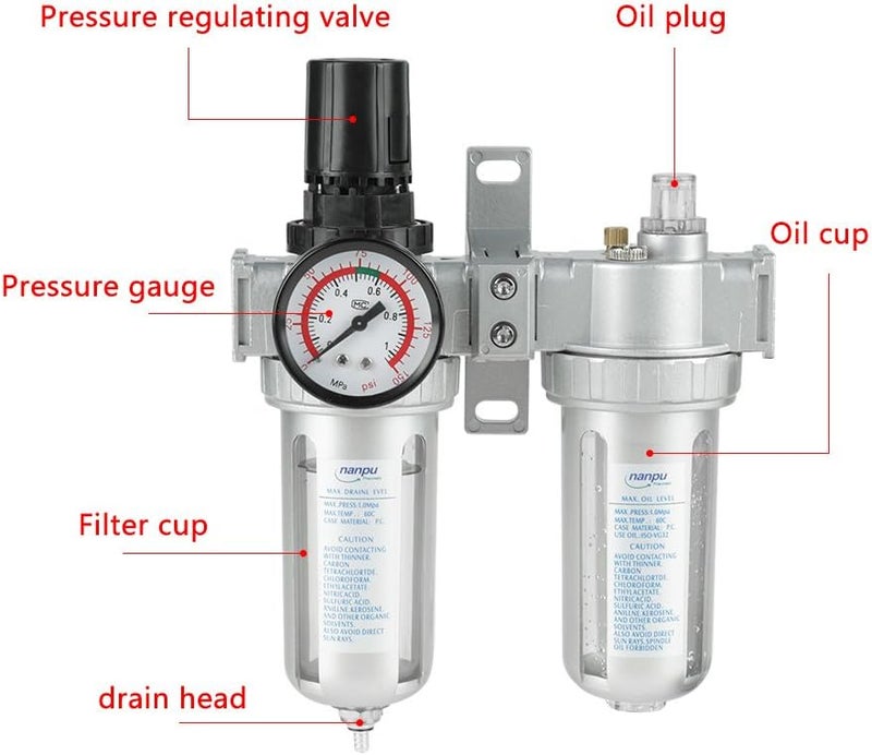 Wal front 1/2" Air Filter Press Regulator and Lubricator Gauge Kit Trap Oil Water Separator Tools - Image 3