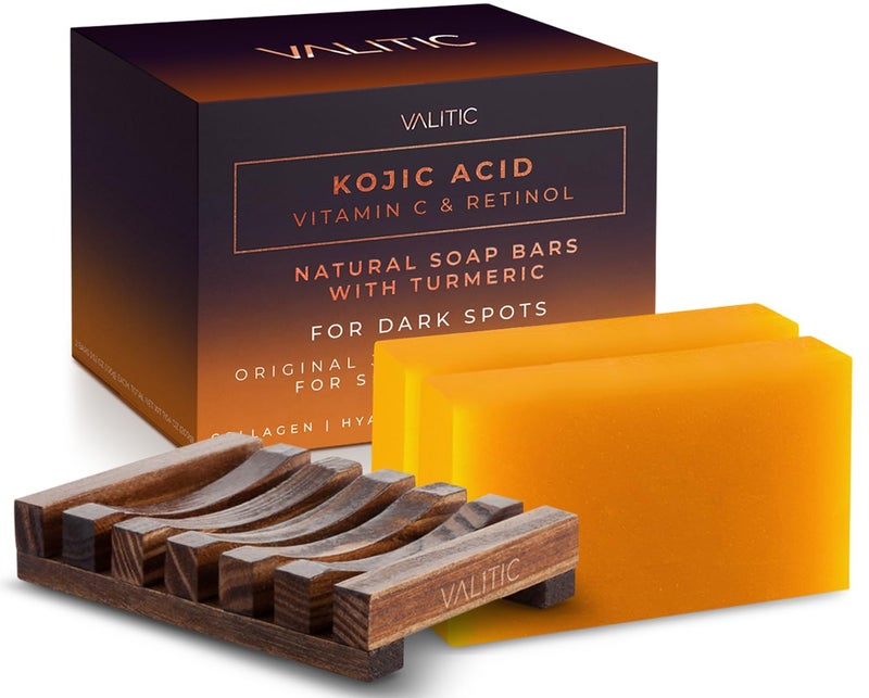 VALITIC Kojic Acid Vitamin C and Retinol Soap Bars with Turmeric for Dark Spot  Original Japanese Complex with Collagen Hyaluronic Acid Vitamin E 2Pack  with Soap Holder