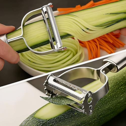RENRANRING 2-in-1 Stainless Steel Peeler for Kitchen | Vegetable & Fruit Peeler, Julienne Peeler and Sharp | Multifunctional, Rust-Free, Handles with Screw Thread (2 in 1 Silver) - Image 1