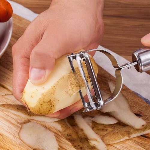 RENRANRING 2-in-1 Stainless Steel Peeler for Kitchen | Vegetable & Fruit Peeler, Julienne Peeler and Sharp | Multifunctional, Rust-Free, Handles with Screw Thread (2 in 1 Silver) - Image 3