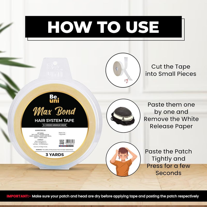 beuni Max Bond Hair Patch Tape For Men - Strong Hold Up To 2-4 Weeks | No Shine Tape For Hair Patch | Waterproof Wig Tape For Men | Skin Safe, Non-Allergic, Medical Grade Material | 3 Yrd - Image 4