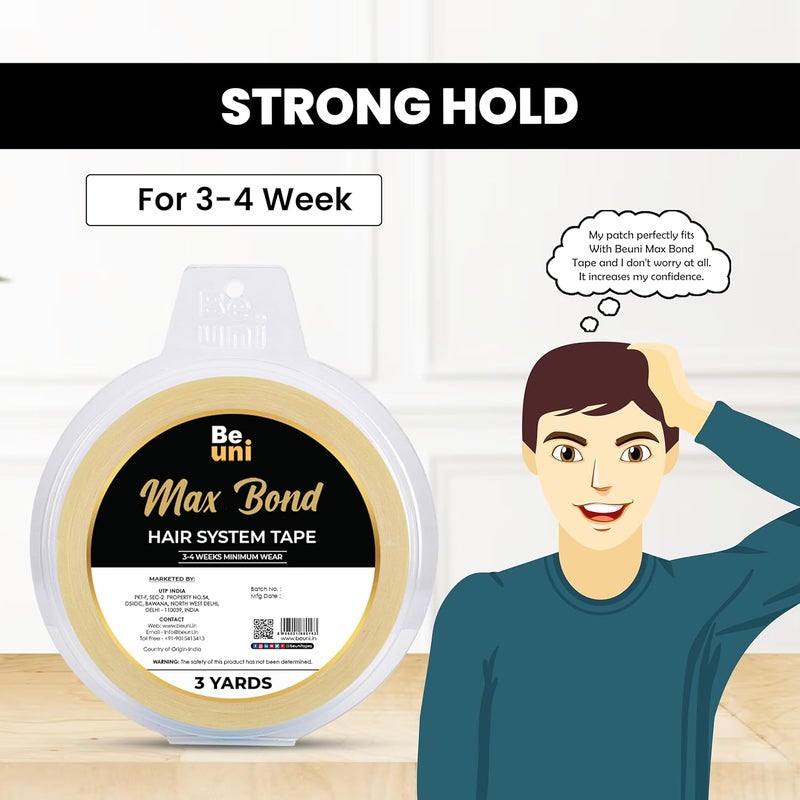 beuni Max Bond Hair Patch Tape For Men - Strong Hold Up To 2-4 Weeks | No Shine Tape For Hair Patch | Waterproof Wig Tape For Men | Skin Safe, Non-Allergic, Medical Grade Material | 3 Yrd - Image 2