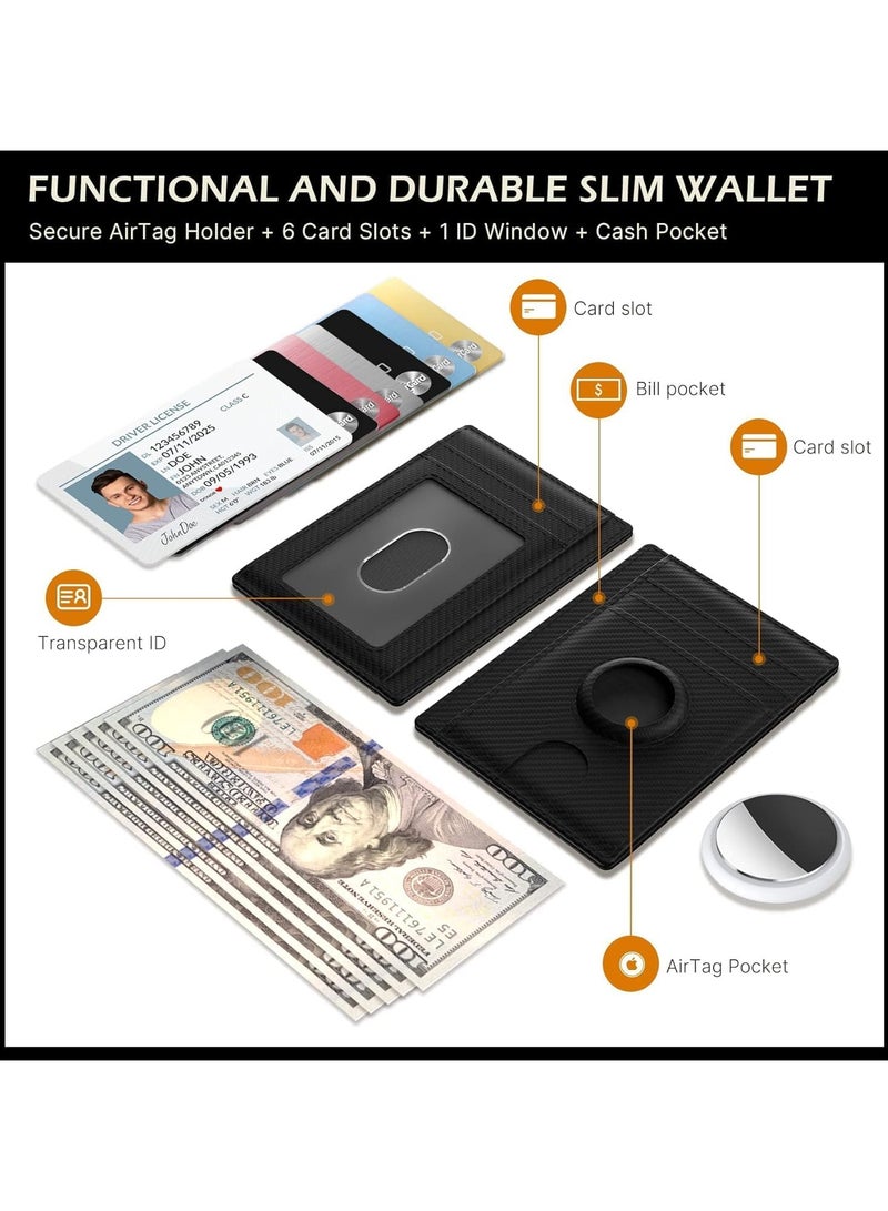 VKL Leather AirTag Wallet, Sleek RFID Blocking Men's & Women's Wallet Holds AirTag (Not Included) - Thin, Stylish Design for Front Pocket - Father Ideal Gift(Carbon Fiber Black) - Image 2
