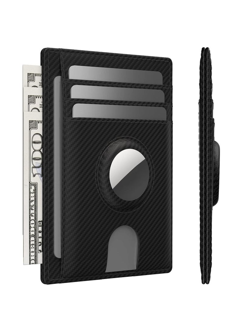 VKL Leather AirTag Wallet, Sleek RFID Blocking Men's & Women's Wallet Holds AirTag (Not Included) - Thin, Stylish Design for Front Pocket - Father Ideal Gift(Carbon Fiber Black) - Image 1