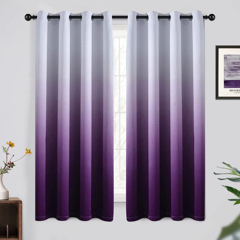 Yakamok 63 Inch Long Ombre CurtainsThermal Insulated Light Blocking Greyish White to Purple Gradient Color Curtains Room Darkening Grommet Window Drapes for BedroomLiving Room2 Panels52W x 63L
