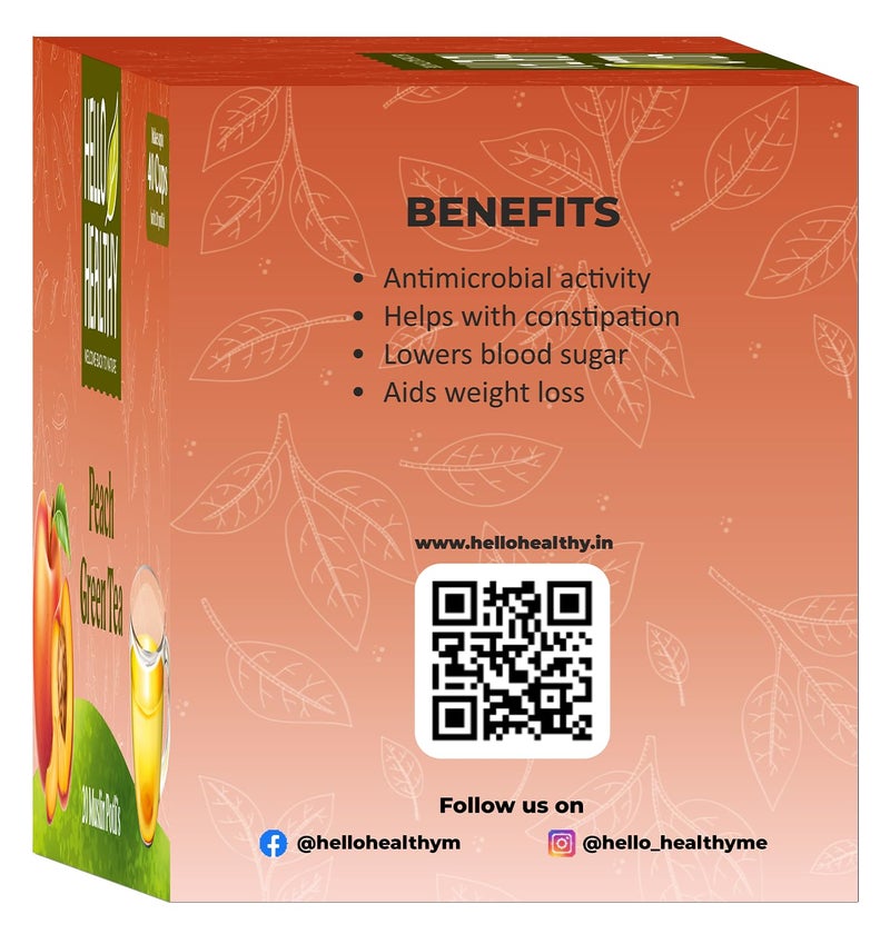 Hello Healthy مرحبا صحي | شاي أخضر بنكهة الخوخ | عبوة من 60 كيس شاي | (2 جرام لكل كيس) مع نكهات طبيعية بالكامل | يصنع حتى 120 كوب | يساعد في الإمساك، يخفض سكر الدم وفقدان الوزن - Image 3