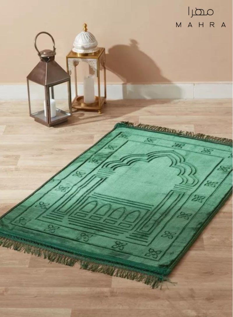 Mahra & Co. Fabienne Dark Green Velvet Prayer Mat | Luxurious Velvet with Non-Slip Backing, Cushioned Sponge & Soft Flannel Top | Ideal for Daily Prayers, Mosque, Travel, Meditation, and More | Perfect for Eid, Ramadan, and Special Events | 120 x 80 cm  - Image 2