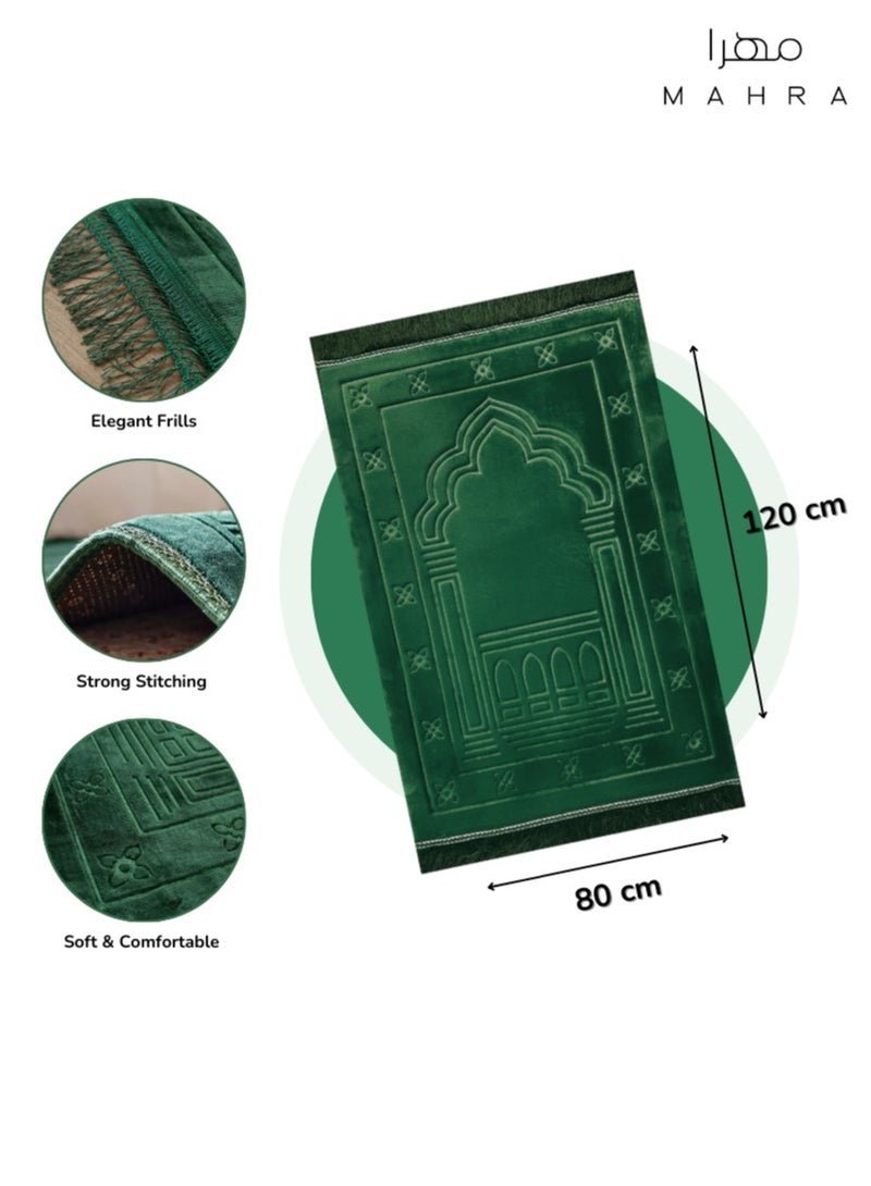 Mahra & Co. Fabienne Dark Green Velvet Prayer Mat | Luxurious Velvet with Non-Slip Backing, Cushioned Sponge & Soft Flannel Top | Ideal for Daily Prayers, Mosque, Travel, Meditation, and More | Perfect for Eid, Ramadan, and Special Events | 120 x 80 cm  - Image 4