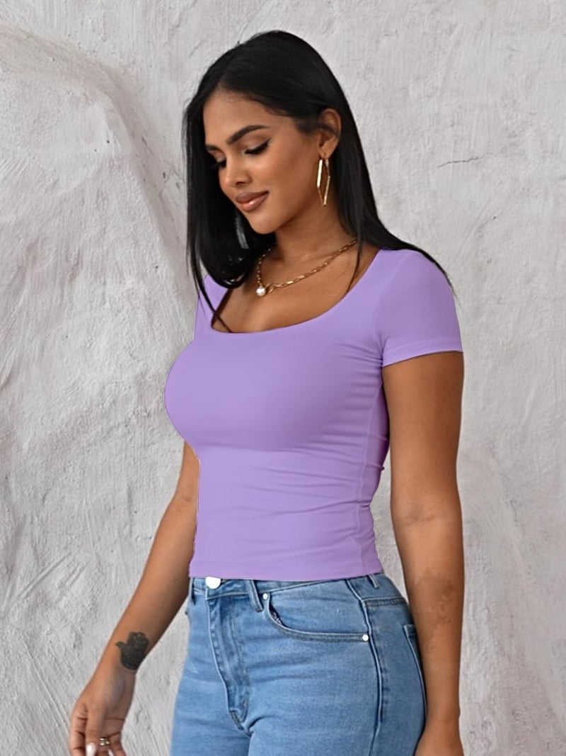 Dwnval Womens Summer Sexy Square Neck Tops Double Lined Short Sleeve Shirts Slim Fit Crop Top(Light Purple, S) - Image 3