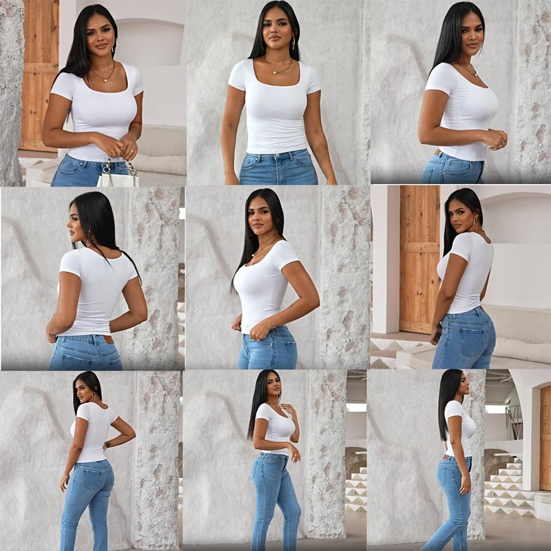 Dwnval Womens Summer Sexy Square Neck Tops Double Lined Short Sleeve Shirts Slim Fit Crop Top(Light Purple, S) - Image 4