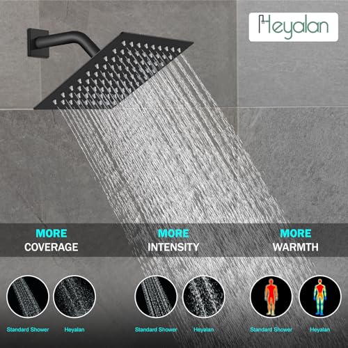 Heyalan 8 Inch Shower Head and Handle Set Square Shower Faucet Set Bathroom Rainfall Shower System Stainless Steel Showerhead Single Function Shower Trim Kit,Female Thread Valve,Matte Black - Image 3