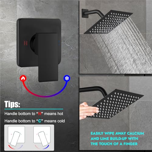 Heyalan 8 Inch Shower Head and Handle Set Square Shower Faucet Set Bathroom Rainfall Shower System Stainless Steel Showerhead Single Function Shower Trim Kit,Female Thread Valve,Matte Black - Image 5